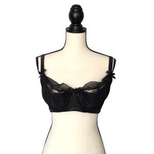 Cacique Black Lace Balconette Bra 40DD Underwire Sheer Floral Bow Detail